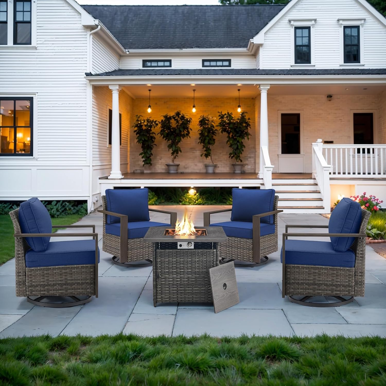 6 Piece Outdoor Patio Furniture Set with Propane Fire Pit Table, Wicker Patio Conversation Set with 2 Swivel Rocker Chairs Rattan Sofa and Removable 4" Thick Cushions for Deck Backyard