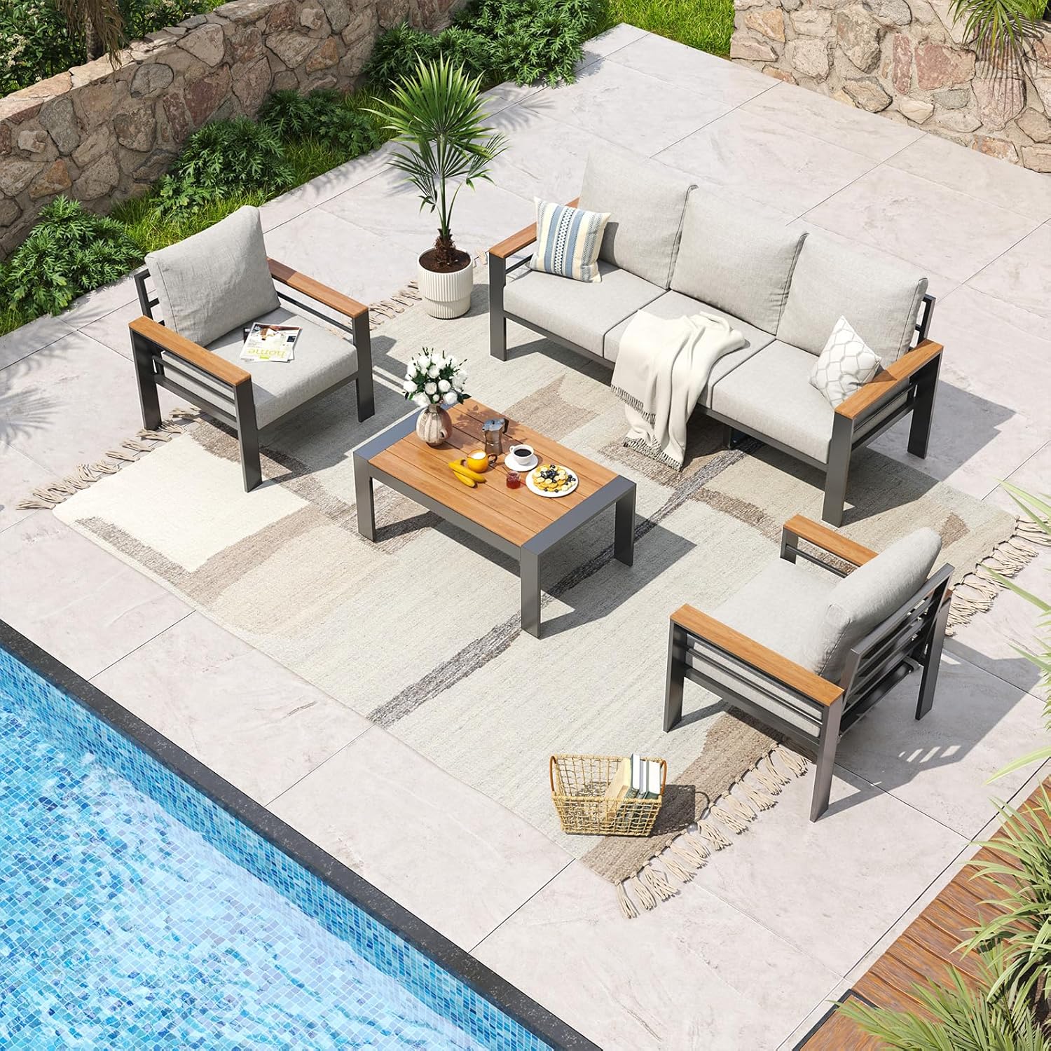 Aluminum Patio Furniture Set 7 Seats, Oversized Outdoor Sectional with Washable Thick Cushions, Coffee Table and Waterproof Cover, Patio Conversation Sets for Porch, Balcony, Deck
