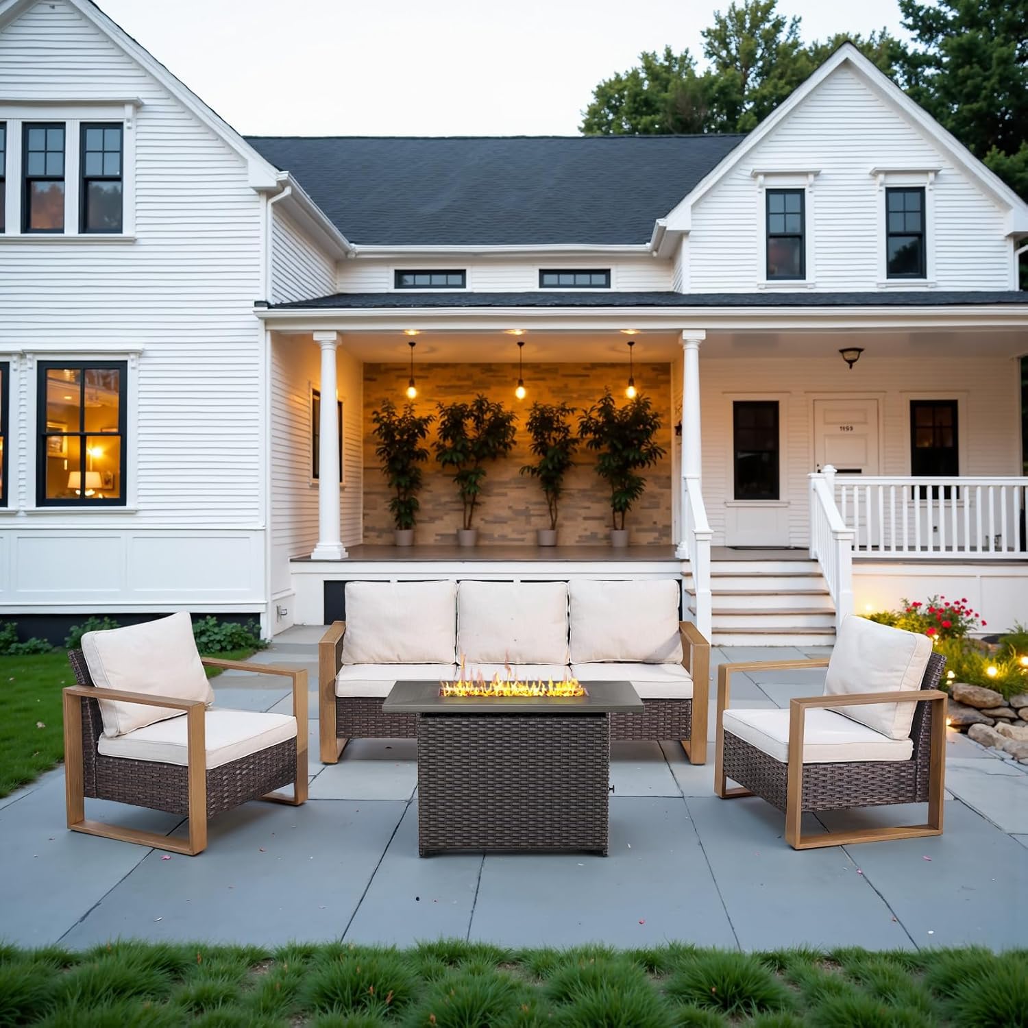 6 Piece Outdoor Patio Furniture Set with Propane Fire Pit Table, Wicker Patio Conversation Set with 2 Swivel Rocker Chairs Rattan Sofa and Removable 4" Thick Cushions for Deck Backyard