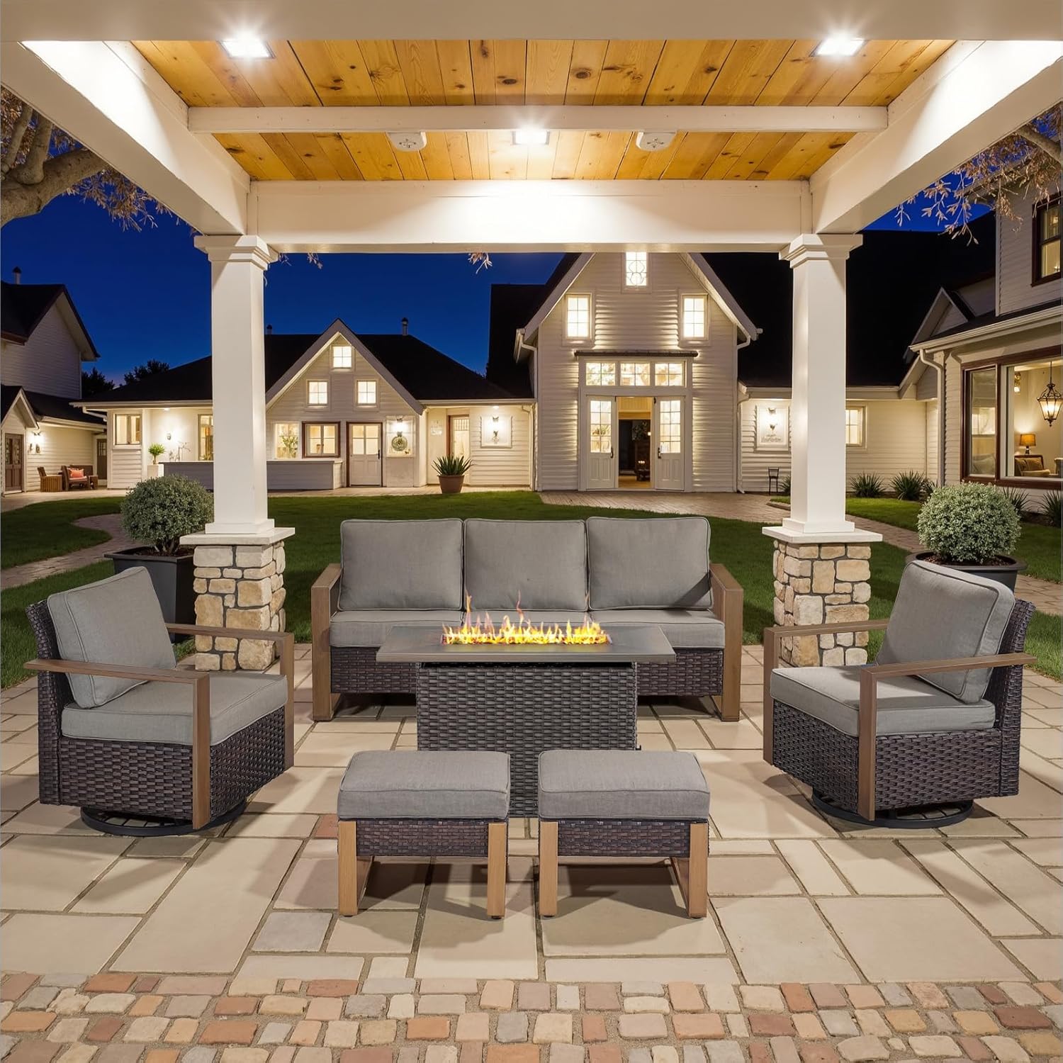 6 Piece Outdoor Patio Furniture Set with Propane Fire Pit Table, Wicker Patio Conversation Set with 2 Swivel Rocker Chairs Rattan Sofa and Removable 4" Thick Cushions for Deck Backyard