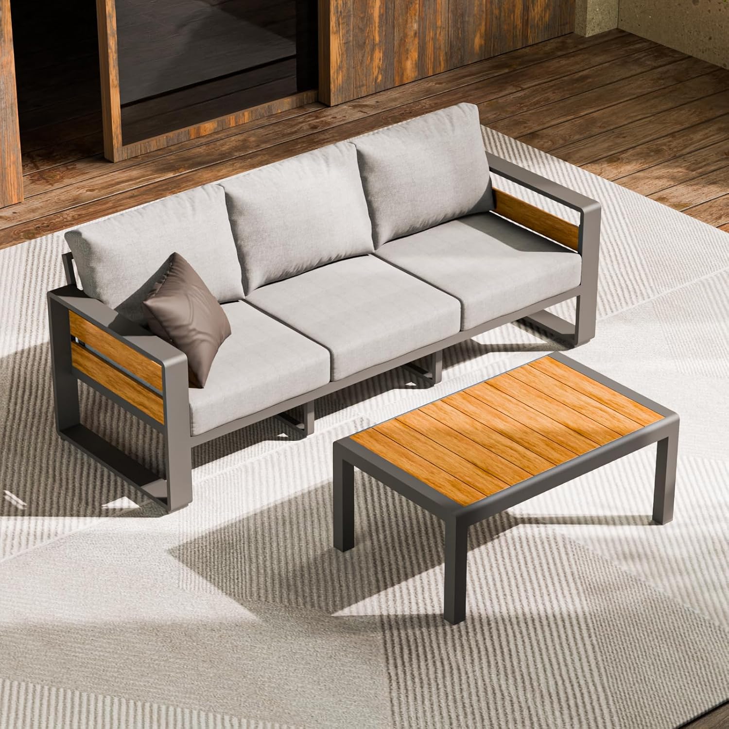 Aluminum Outdoor Patio Furniture Set, 5-Piece Metal Modern Outside Sectional Conversation Lawn Furniture with Coffee Table & Washable Thick Cushions,Seating Sofa for Garden/Backyard/Porch Grey