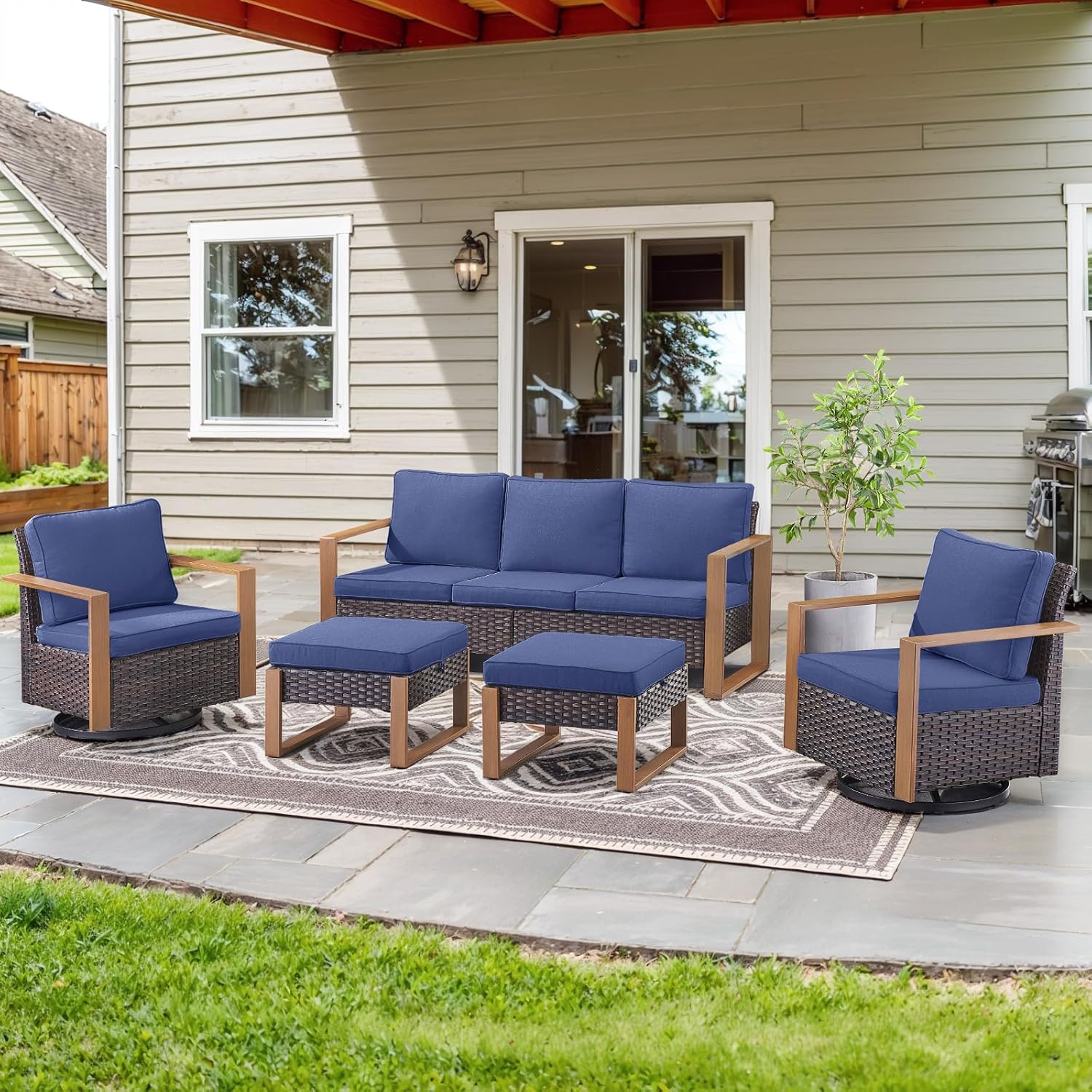6 Piece Outdoor Patio Furniture Set with Propane Fire Pit Table, Wicker Patio Conversation Set with 2 Swivel Rocker Chairs Rattan Sofa and Removable 4" Thick Cushions for Deck Backyard