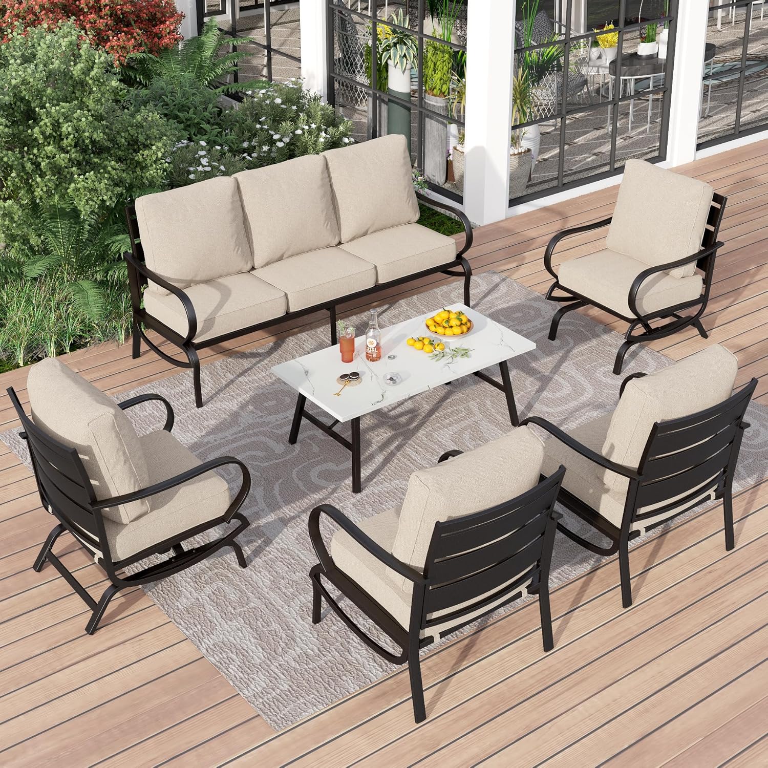 5 PCS Patio Furniture Set, Metal Outdoor Furniture Set with 1 x 3 Seater Deep Seating Bench, 2 x Swivel Sofa Chairs & 2 x Metal Cushioned Ottoman, Outdoor Patio Set for Garden