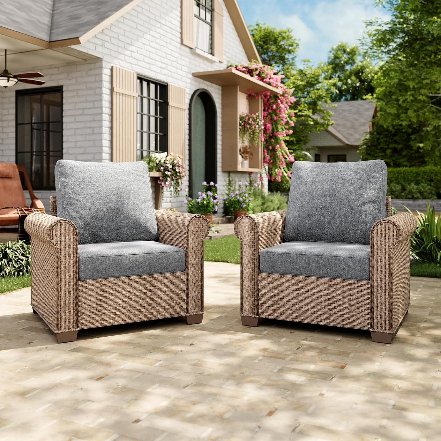 Patio Furniture Set 8 pcs, Wicker Outdoor Patio Furniture, 3-Seat Sofa, 4 Single Chairs, 2 Ottomans and 56" Gas Fire Pit Table, Rattan Patio Conversation Set for Backyard Deck, Beige