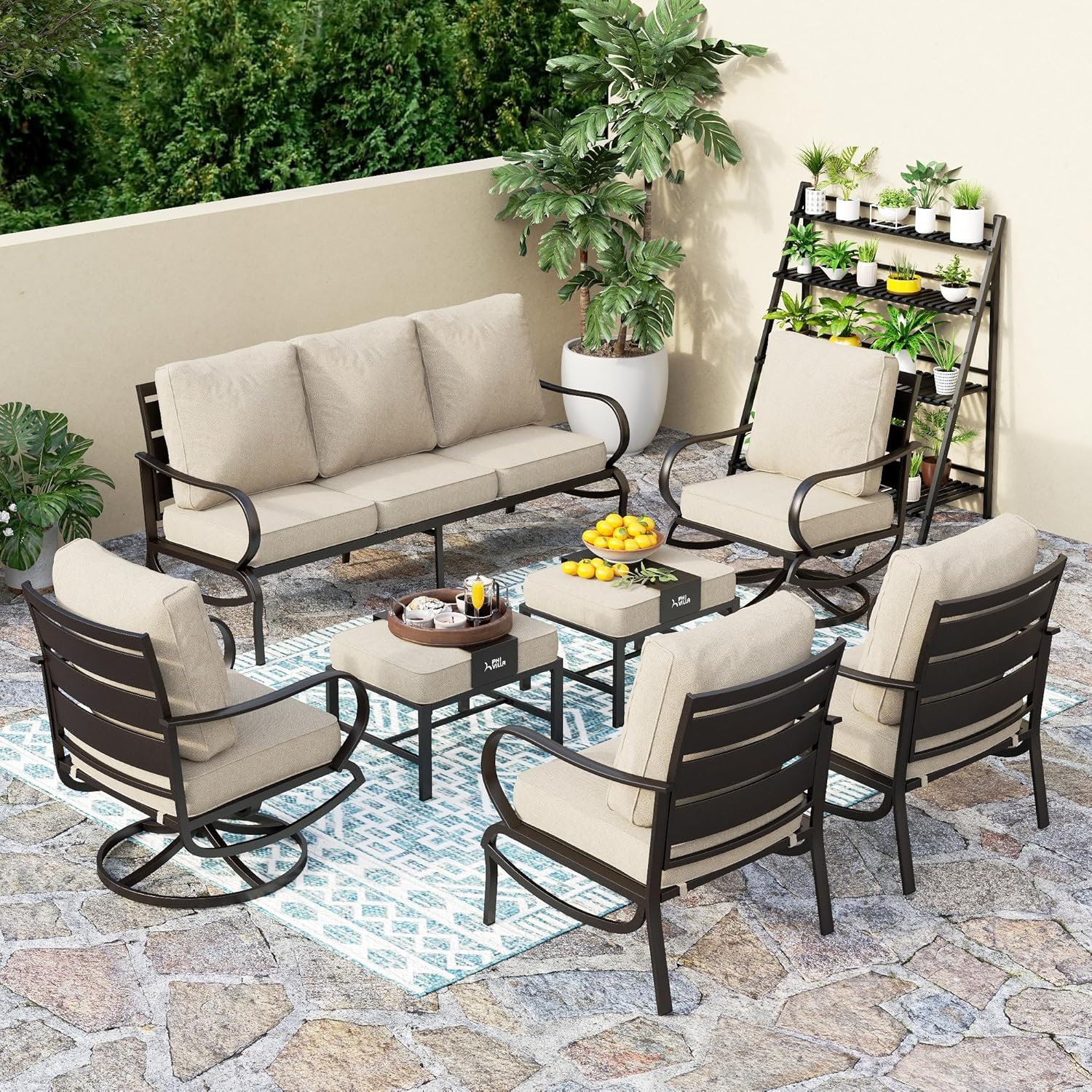 5 PCS Patio Furniture Set, Metal Outdoor Furniture Set with 1 x 3 Seater Deep Seating Bench, 2 x Swivel Sofa Chairs & 2 x Metal Cushioned Ottoman, Outdoor Patio Set for Garden