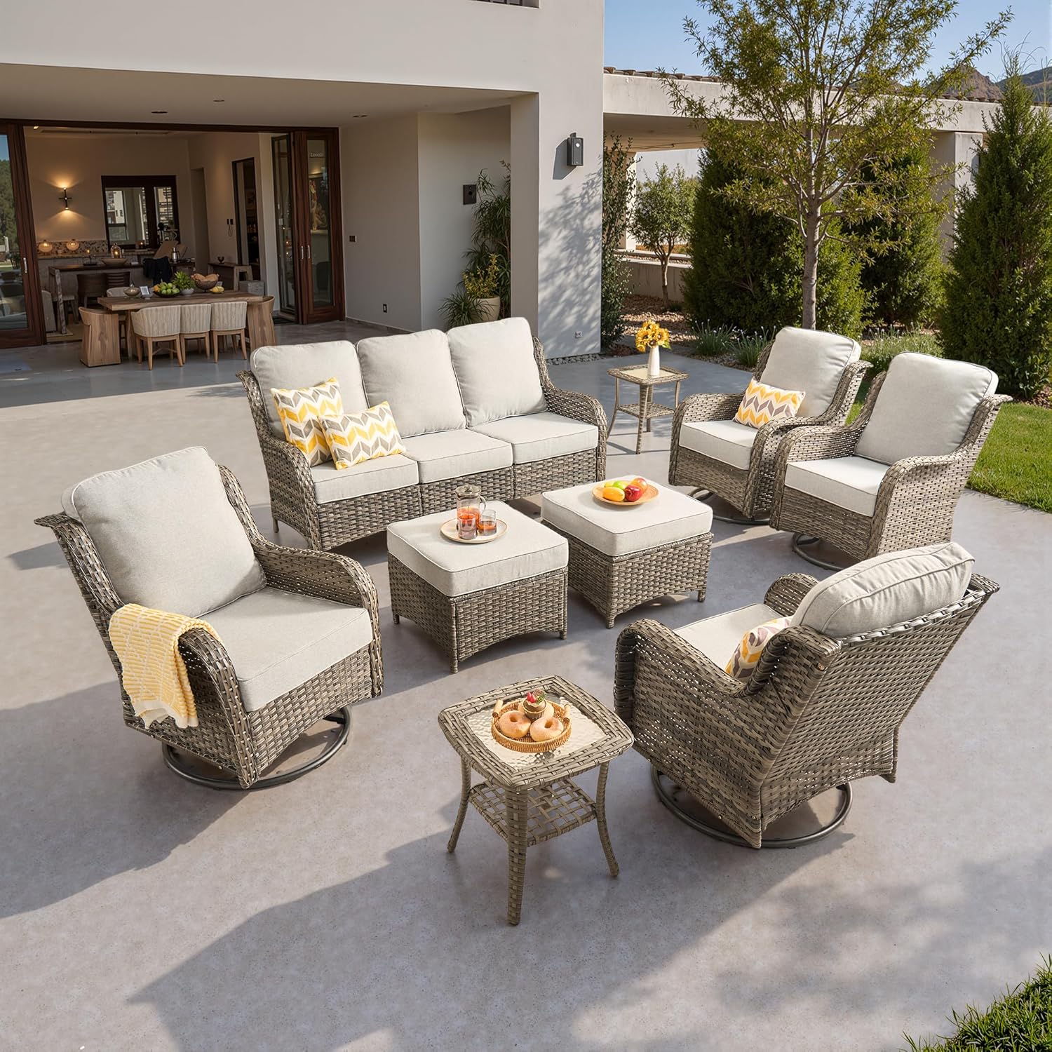5 Pieces Patio Furniture Set, Outdoor Wicker Sofa Couch with Swivel Chairs Solar Lights Table, High Back Modern All Weather Conversation Sets, Grey Rattan, Denim Blue
