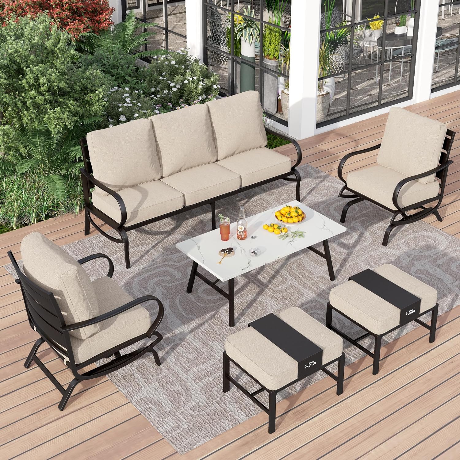 5 PCS Patio Furniture Set, Metal Outdoor Furniture Set with 1 x 3 Seater Deep Seating Bench, 2 x Swivel Sofa Chairs & 2 x Metal Cushioned Ottoman, Outdoor Patio Set for Garden