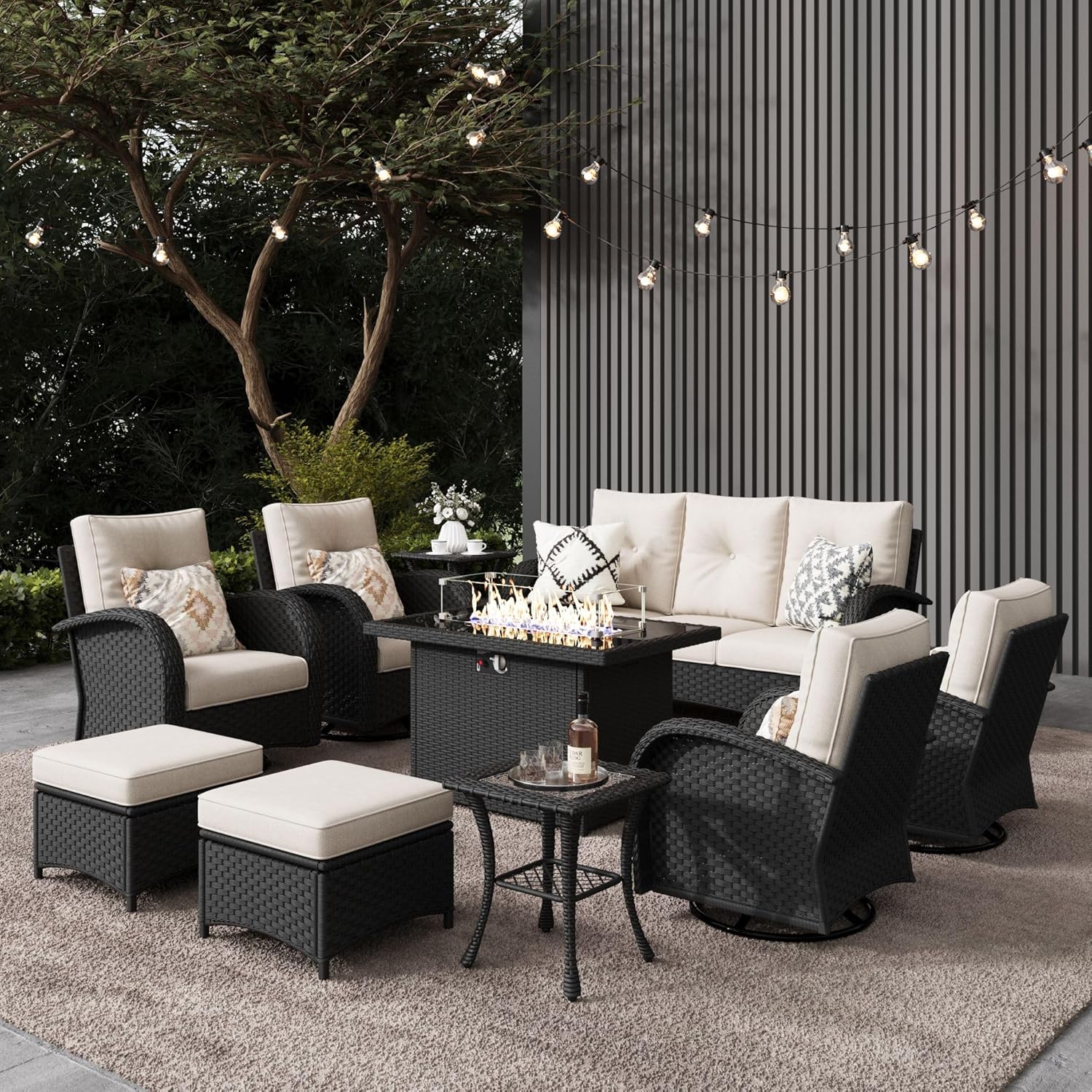 10 Pieces Outdoor Patio Furniture Set with Fire Pit Table, Rattan Wicker Sectional Swivel Rocker Chairs Sets