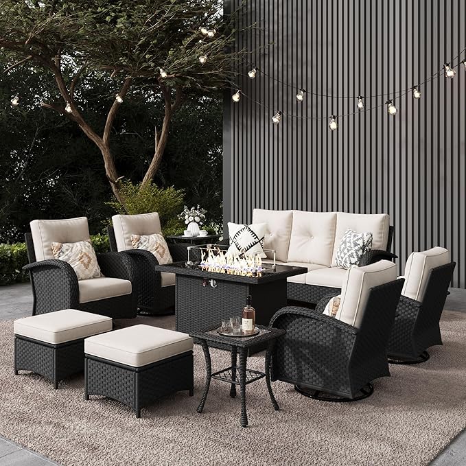 10 Pieces Outdoor Patio Furniture Set with Fire Pit Table, Rattan Wicker Sectional Swivel Rocker Chairs Sets