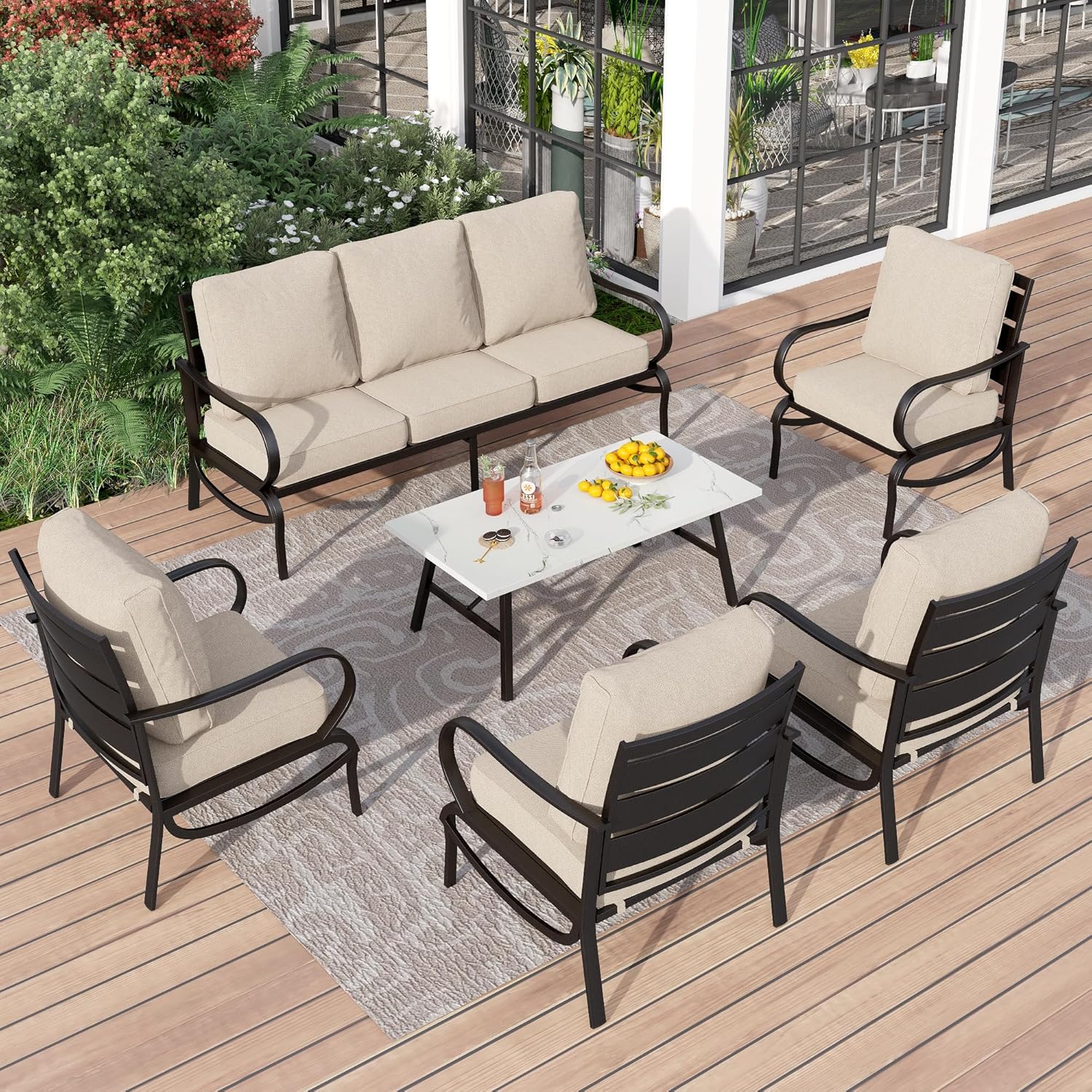 5 PCS Patio Furniture Set, Metal Outdoor Furniture Set with 1 x 3 Seater Deep Seating Bench, 2 x Swivel Sofa Chairs & 2 x Metal Cushioned Ottoman, Outdoor Patio Set for Garden