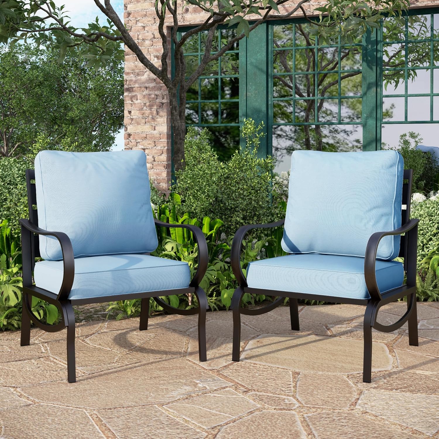 5 PCS Patio Furniture Set, Metal Outdoor Furniture Set with 1 x 3 Seater Deep Seating Bench, 2 x Swivel Sofa Chairs & 2 x Metal Cushioned Ottoman, Outdoor Patio Set for Garden