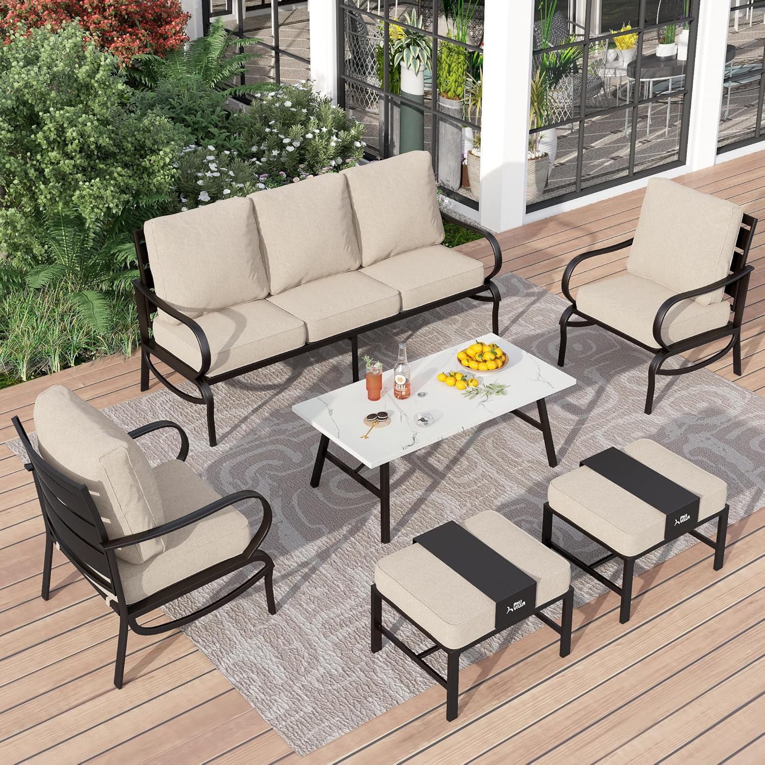 5 PCS Patio Furniture Set, Metal Outdoor Furniture Set with 1 x 3 Seater Deep Seating Bench, 2 x Swivel Sofa Chairs & 2 x Metal Cushioned Ottoman, Outdoor Patio Set for Garden