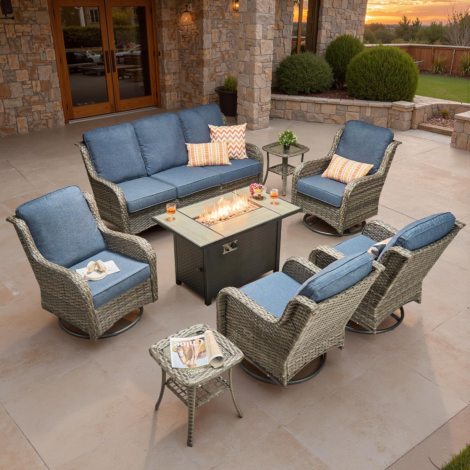 5 Pieces Patio Furniture Set, Outdoor Wicker Sofa Couch with Swivel Chairs Solar Lights Table, High Back Modern All Weather Conversation Sets, Grey Rattan, Denim Blue