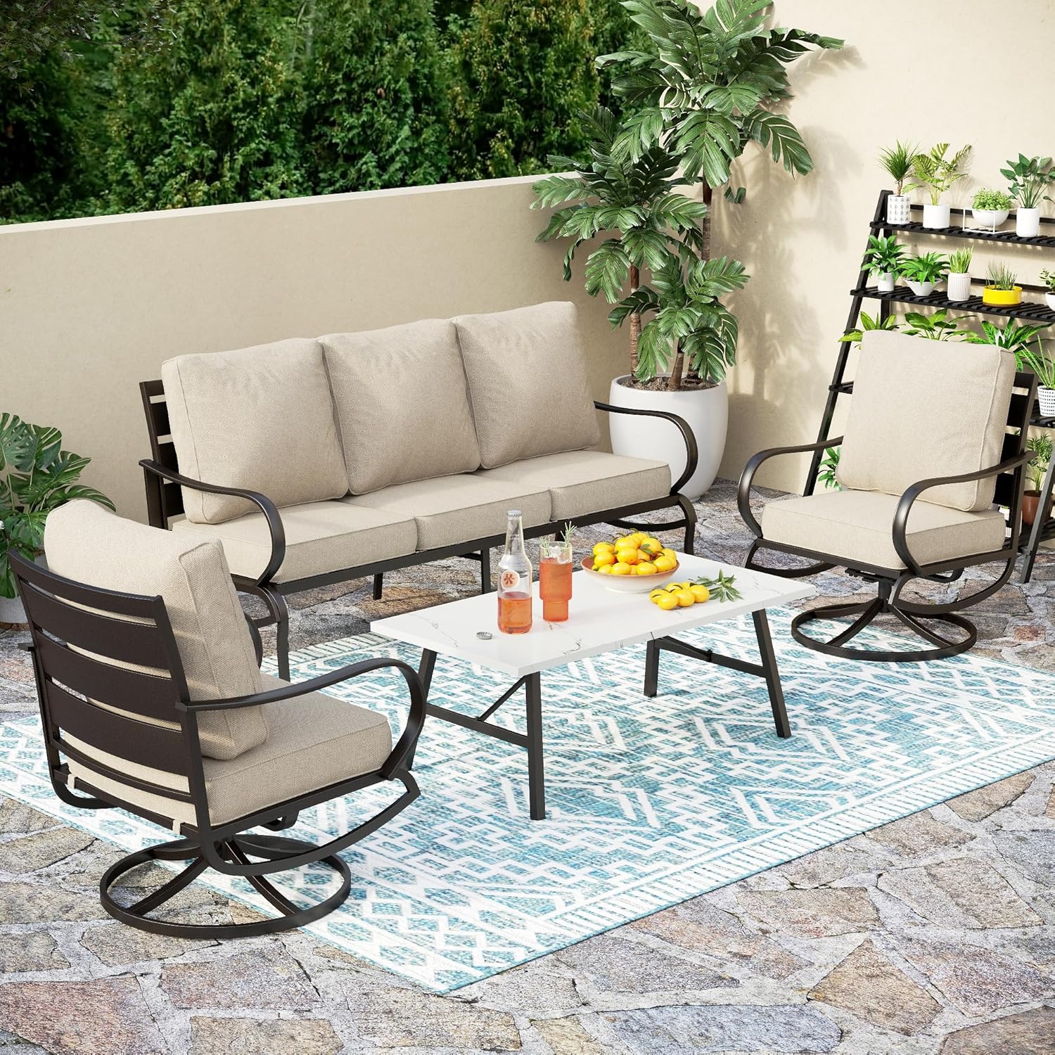 5 PCS Patio Furniture Set, Metal Outdoor Furniture Set with 1 x 3 Seater Deep Seating Bench, 2 x Swivel Sofa Chairs & 2 x Metal Cushioned Ottoman, Outdoor Patio Set for Garden