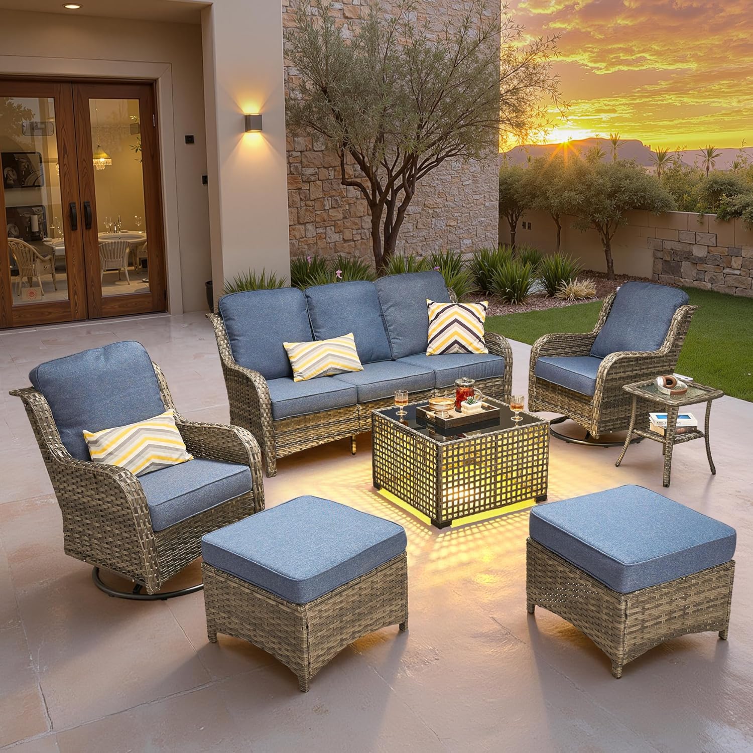 5 Pieces Patio Furniture Set, Outdoor Wicker Sofa Couch with Swivel Chairs Solar Lights Table, High Back Modern All Weather Conversation Sets, Grey Rattan, Denim Blue