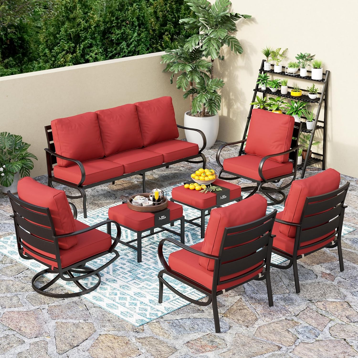 5 PCS Patio Furniture Set, Metal Outdoor Furniture Set with 1 x 3 Seater Deep Seating Bench, 2 x Swivel Sofa Chairs & 2 x Metal Cushioned Ottoman, Outdoor Patio Set for Garden