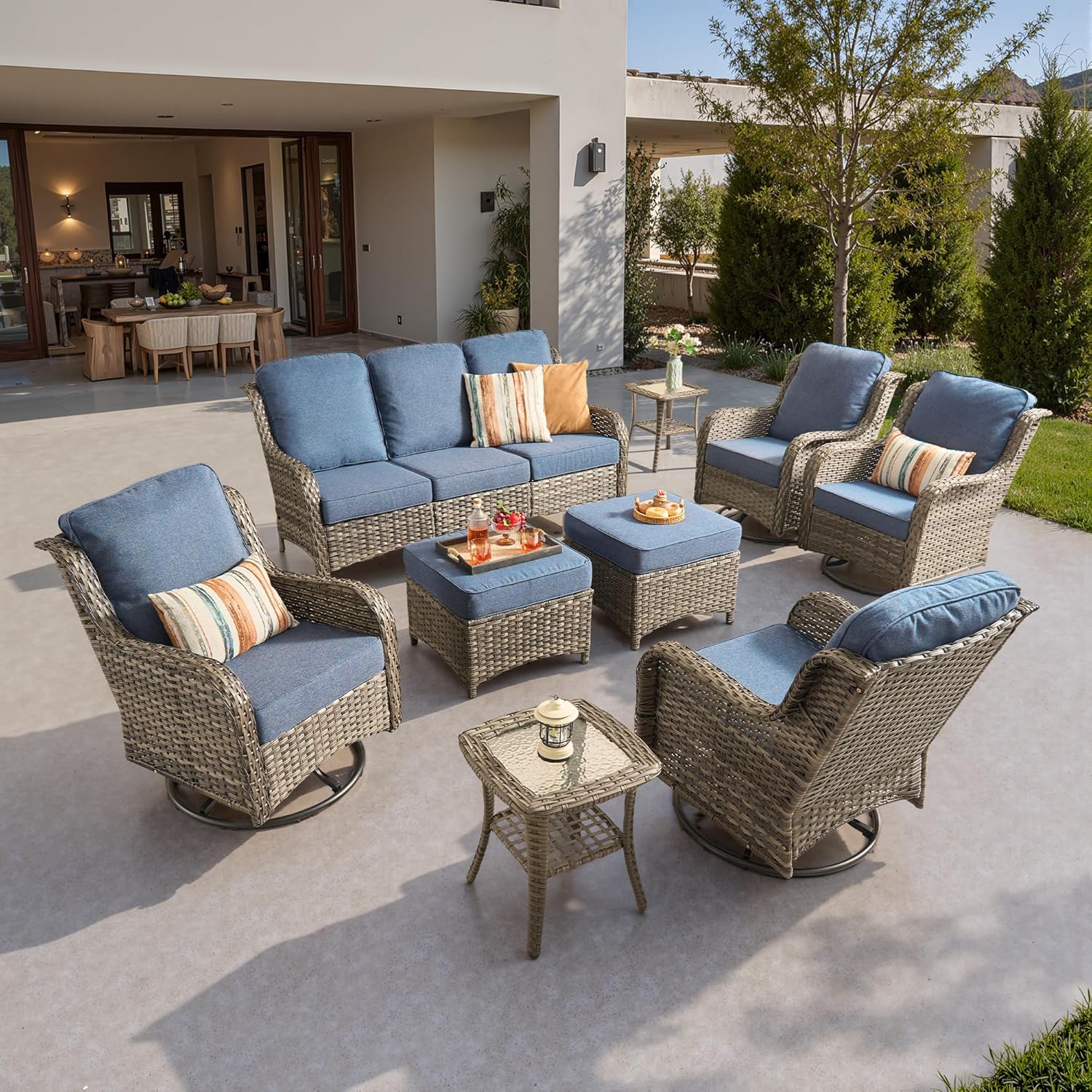 5 Pieces Patio Furniture Set, Outdoor Wicker Sofa Couch with Swivel Chairs Solar Lights Table, High Back Modern All Weather Conversation Sets, Grey Rattan, Denim Blue