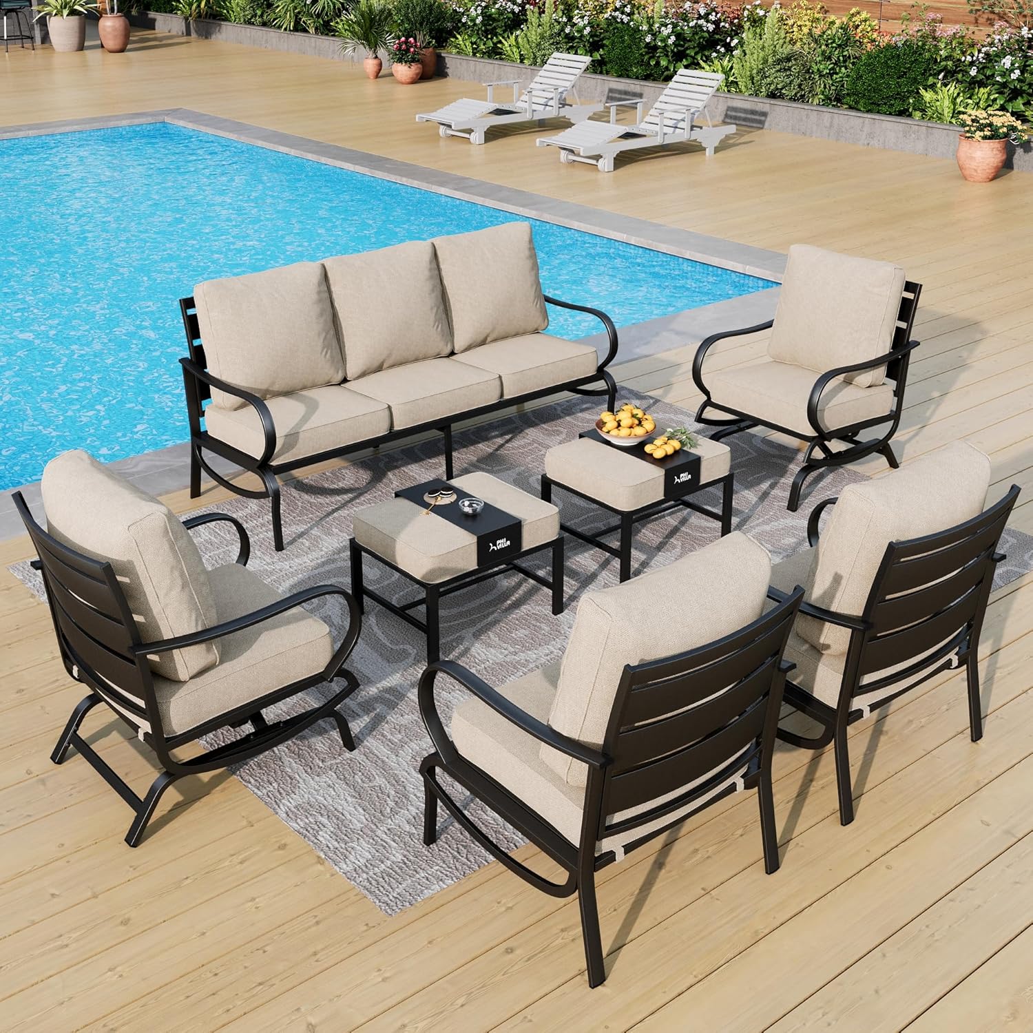 5 PCS Patio Furniture Set, Metal Outdoor Furniture Set with 1 x 3 Seater Deep Seating Bench, 2 x Swivel Sofa Chairs & 2 x Metal Cushioned Ottoman, Outdoor Patio Set for Garden