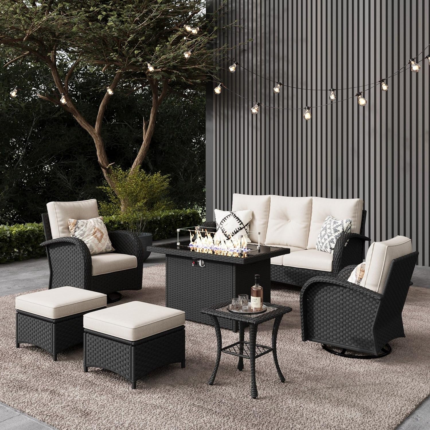 10 Pieces Outdoor Patio Furniture Set with Fire Pit Table, Rattan Wicker Sectional Swivel Rocker Chairs Sets