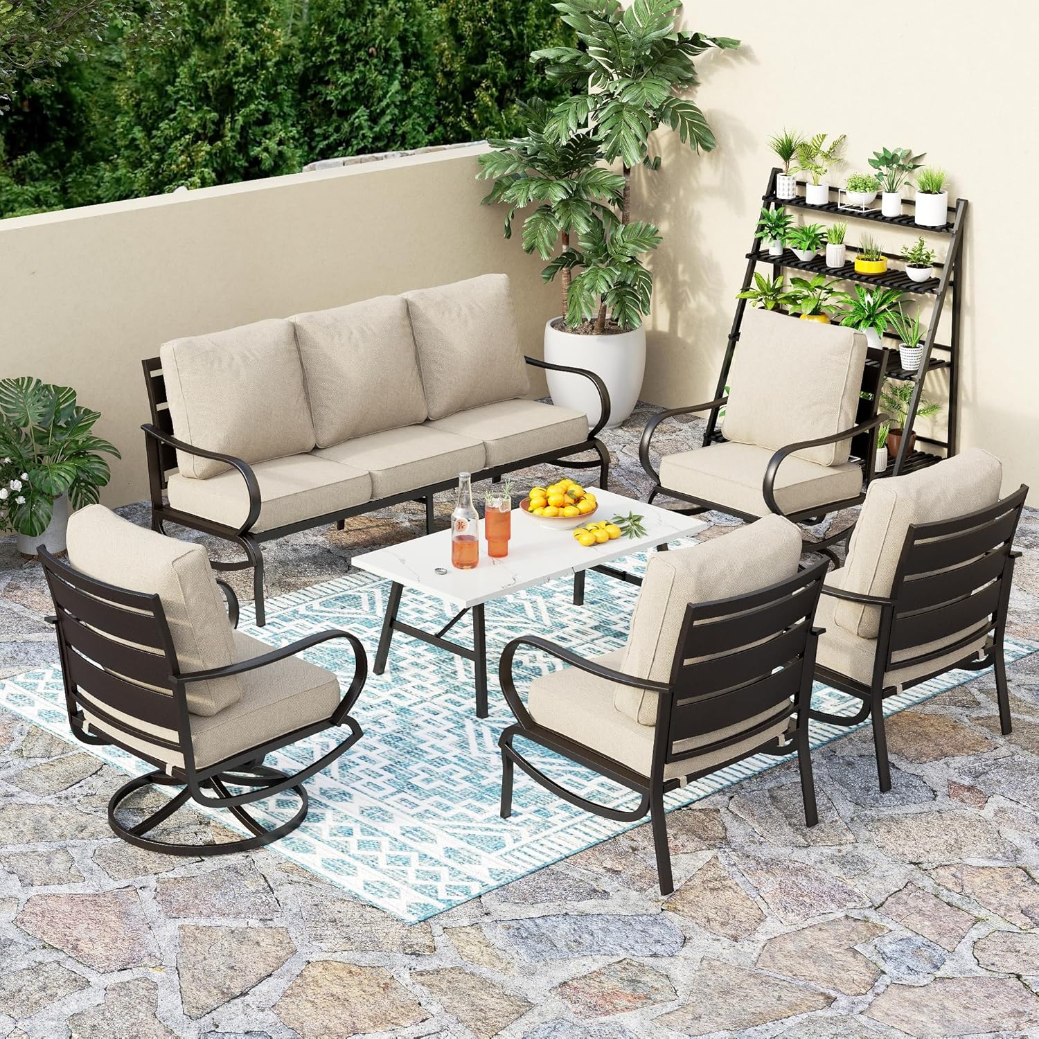 5 PCS Patio Furniture Set, Metal Outdoor Furniture Set with 1 x 3 Seater Deep Seating Bench, 2 x Swivel Sofa Chairs & 2 x Metal Cushioned Ottoman, Outdoor Patio Set for Garden