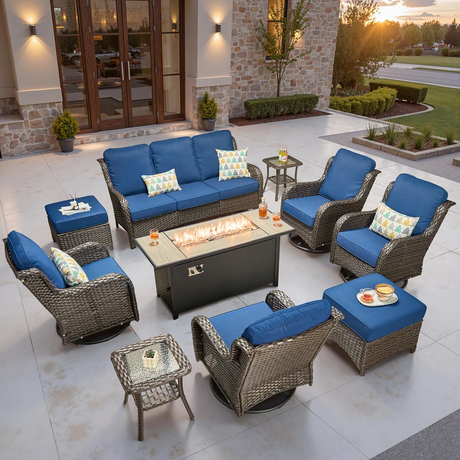 5 Pieces Patio Furniture Set, Outdoor Wicker Sofa Couch with Swivel Chairs Solar Lights Table, High Back Modern All Weather Conversation Sets, Grey Rattan, Denim Blue