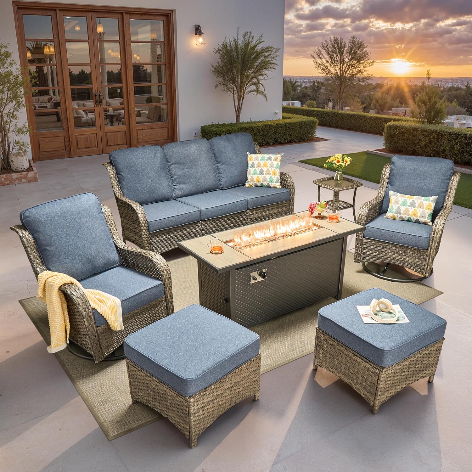 5 Pieces Patio Furniture Set, Outdoor Wicker Sofa Couch with Swivel Chairs Solar Lights Table, High Back Modern All Weather Conversation Sets, Grey Rattan, Denim Blue