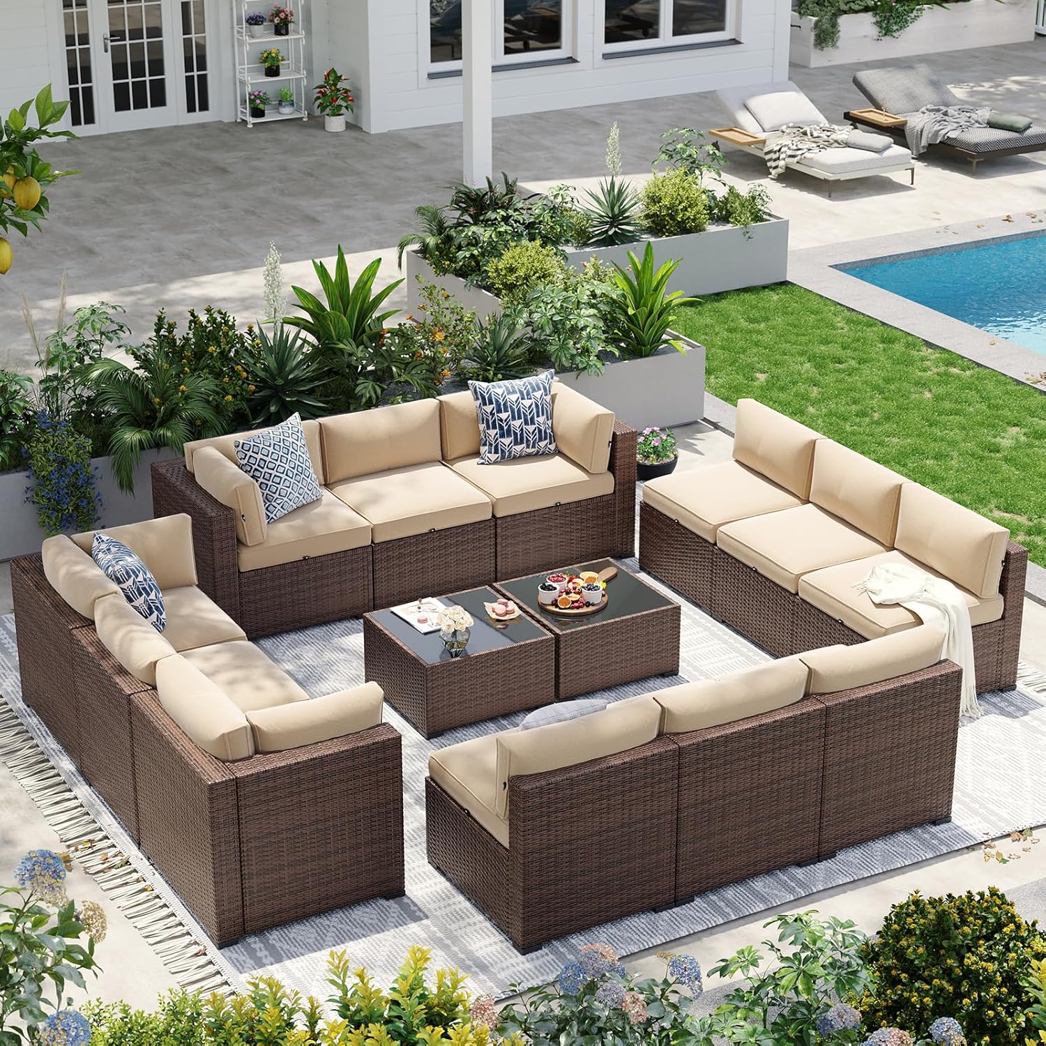 Patio Furniture Sets, 7-Piece Outdoor Patio Furniture with Thick Cushions, Wicker Outdoor Conversation Set Sectional Sofa for Backyard, Poolside, Garden