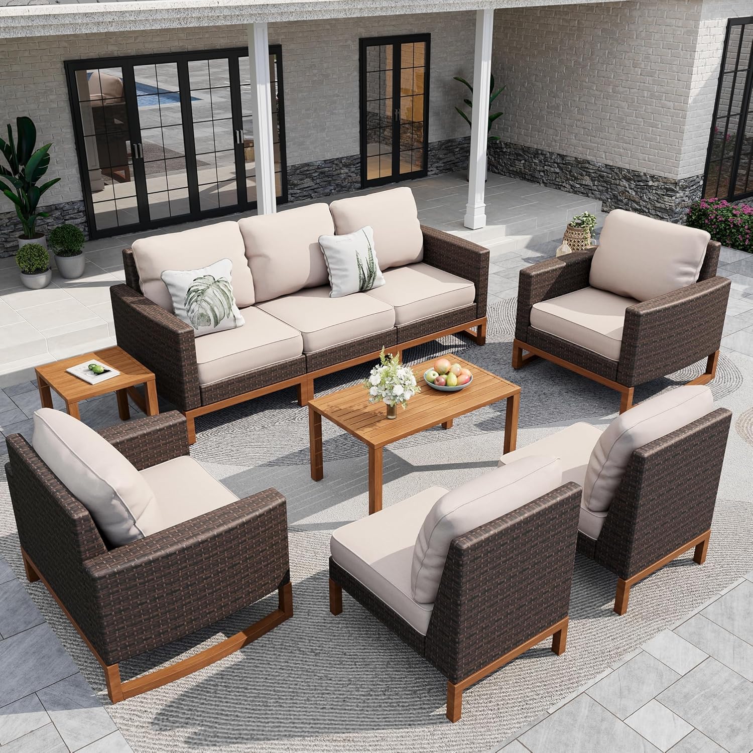 Outdoor Patio Furniture Sets, 5-Piece All-Weather Patio Conversation Set, High Back Wicker Rattan Setional Sofa with Large Single Sofa Chairs, Ottomans & Wooden Coffee Table (Beige)