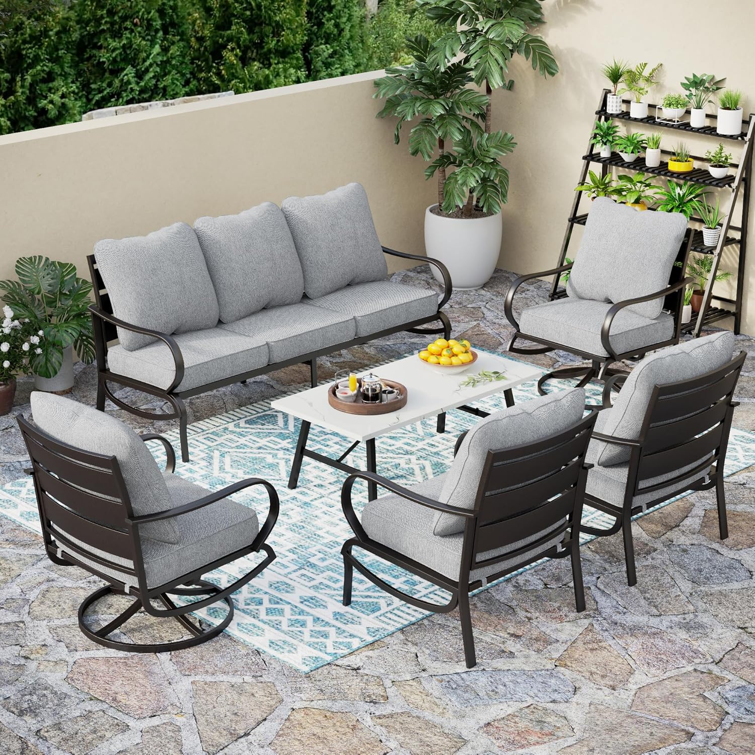 5 PCS Patio Furniture Set, Metal Outdoor Furniture Set with 1 x 3 Seater Deep Seating Bench, 2 x Swivel Sofa Chairs & 2 x Metal Cushioned Ottoman, Outdoor Patio Set for Garden