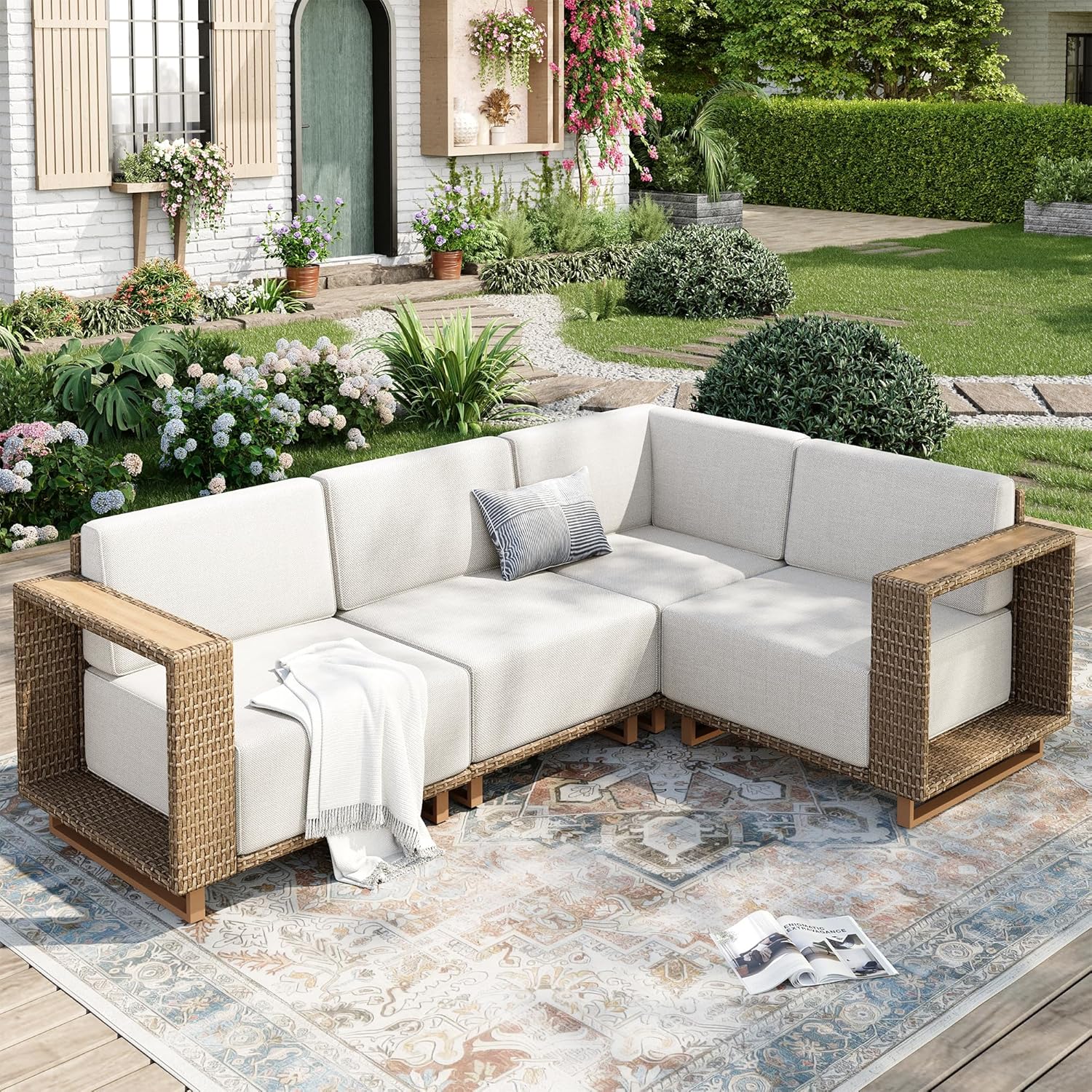 Outdoor Patio Furniture Set, 6 Piece Sectional Rattan Wicker Sofa Couch, Outdoor Conversation Sets with 10" Extra Thick Cushions for Deck Backyard Lawn