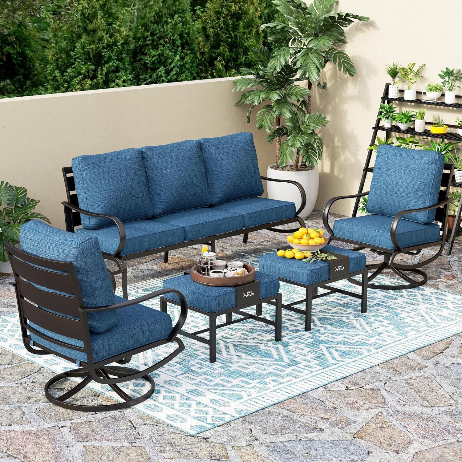 5 PCS Patio Furniture Set, Metal Outdoor Furniture Set with 1 x 3 Seater Deep Seating Bench, 2 x Swivel Sofa Chairs & 2 x Metal Cushioned Ottoman, Outdoor Patio Set for Garden