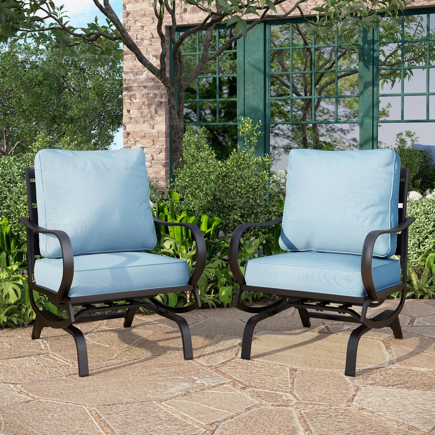 5 PCS Patio Furniture Set, Metal Outdoor Furniture Set with 1 x 3 Seater Deep Seating Bench, 2 x Swivel Sofa Chairs & 2 x Metal Cushioned Ottoman, Outdoor Patio Set for Garden