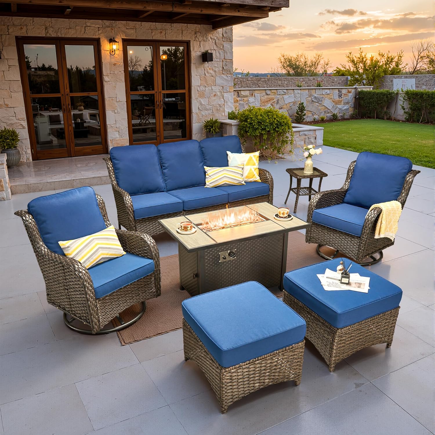 5 Pieces Patio Furniture Set, Outdoor Wicker Sofa Couch with Swivel Chairs Solar Lights Table, High Back Modern All Weather Conversation Sets, Grey Rattan, Denim Blue