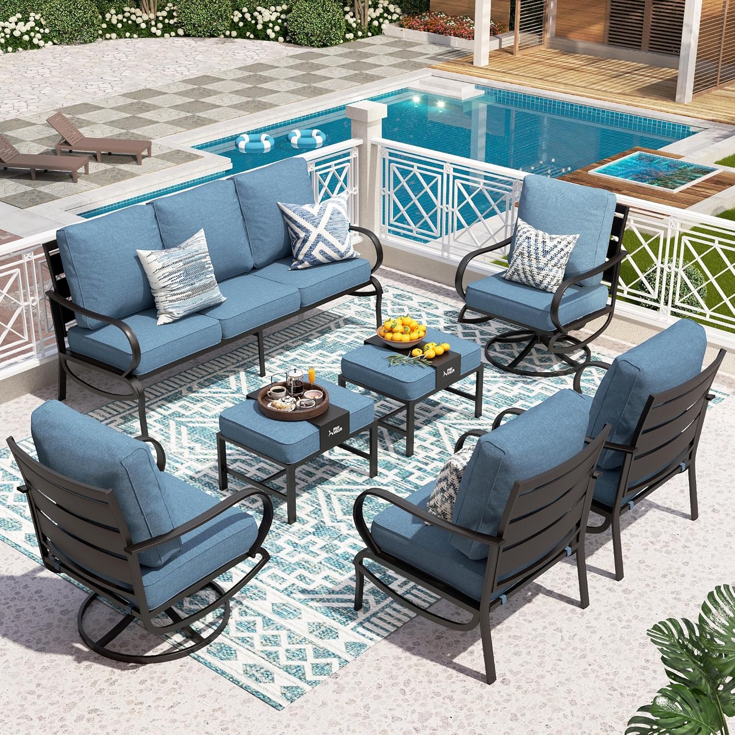5 PCS Patio Furniture Set, Metal Outdoor Furniture Set with 1 x 3 Seater Deep Seating Bench, 2 x Swivel Sofa Chairs & 2 x Metal Cushioned Ottoman, Outdoor Patio Set for Garden