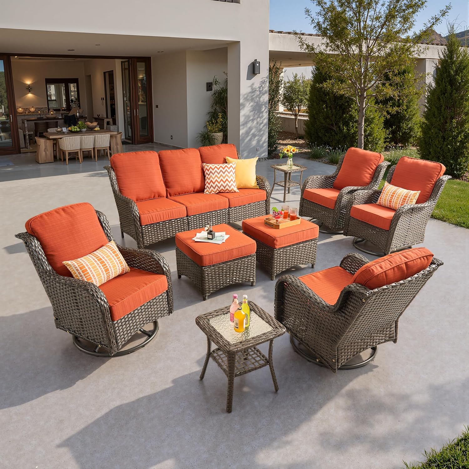 5 Pieces Patio Furniture Set, Outdoor Wicker Sofa Couch with Swivel Chairs Solar Lights Table, High Back Modern All Weather Conversation Sets, Grey Rattan, Denim Blue