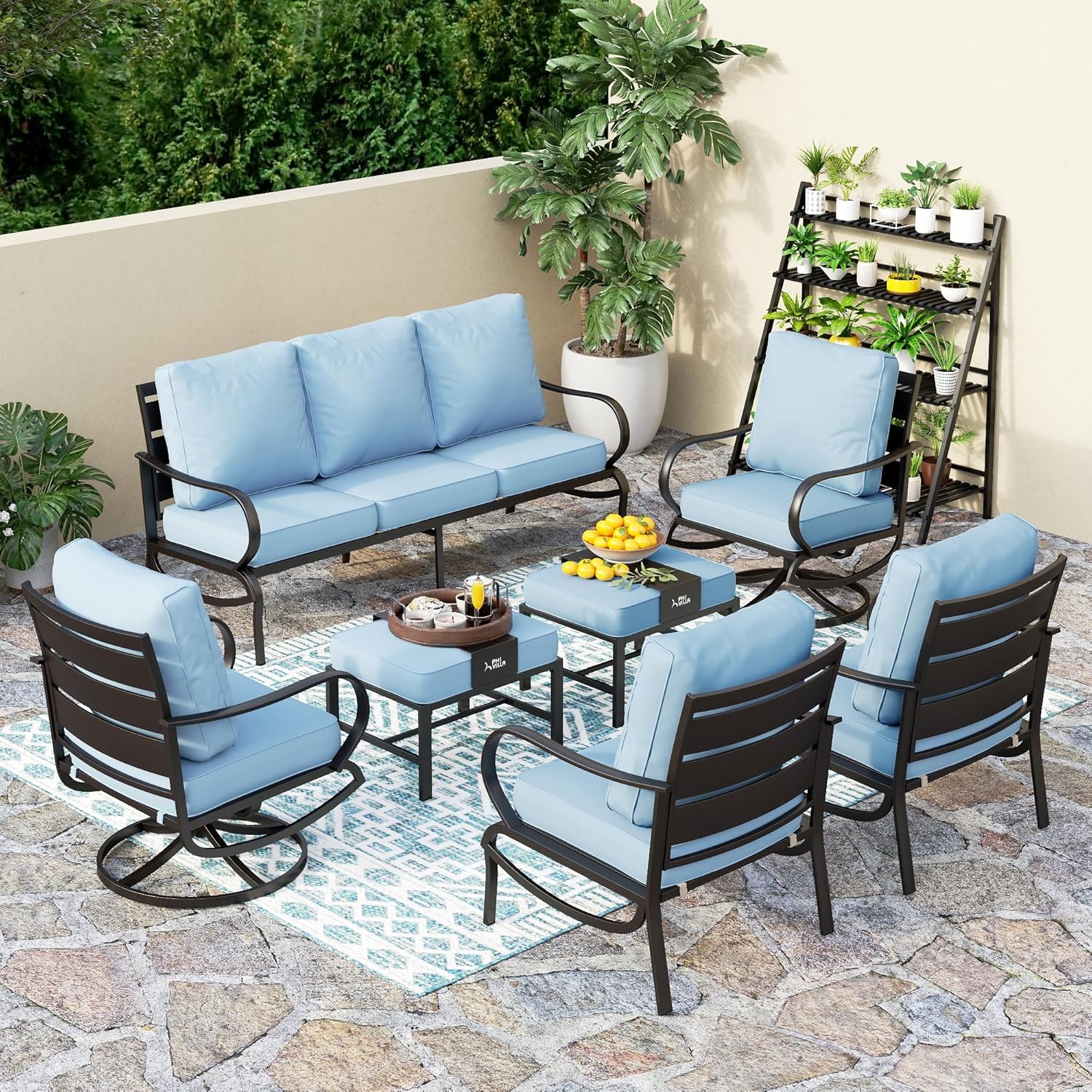 5 PCS Patio Furniture Set, Metal Outdoor Furniture Set with 1 x 3 Seater Deep Seating Bench, 2 x Swivel Sofa Chairs & 2 x Metal Cushioned Ottoman, Outdoor Patio Set for Garden