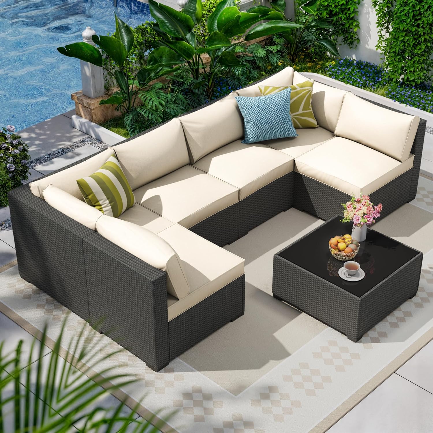 8 Piece Outdoor Patio Furniture Set, Outdoor Sectional Furniture, Rattan & Wicker Modern Modular Conversation Set Sofa Couch W/Water Resistant Washable Thick Cushions and Coffee Table, Beige