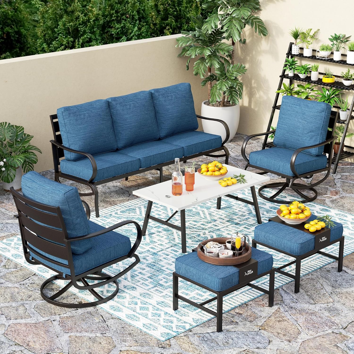 5 PCS Patio Furniture Set, Metal Outdoor Furniture Set with 1 x 3 Seater Deep Seating Bench, 2 x Swivel Sofa Chairs & 2 x Metal Cushioned Ottoman, Outdoor Patio Set for Garden