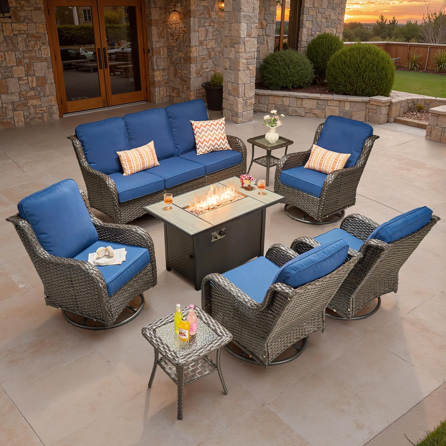5 Pieces Patio Furniture Set, Outdoor Wicker Sofa Couch with Swivel Chairs Solar Lights Table, High Back Modern All Weather Conversation Sets, Grey Rattan, Denim Blue