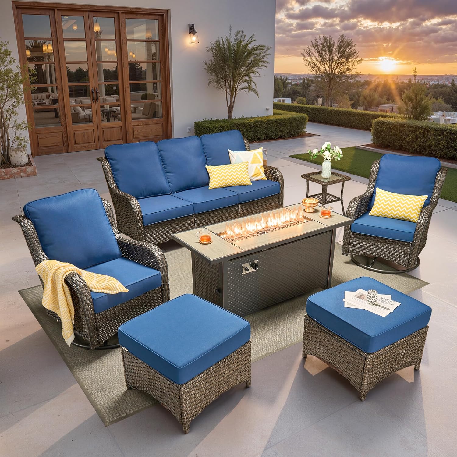 5 Pieces Patio Furniture Set, Outdoor Wicker Sofa Couch with Swivel Chairs Solar Lights Table, High Back Modern All Weather Conversation Sets, Grey Rattan, Denim Blue