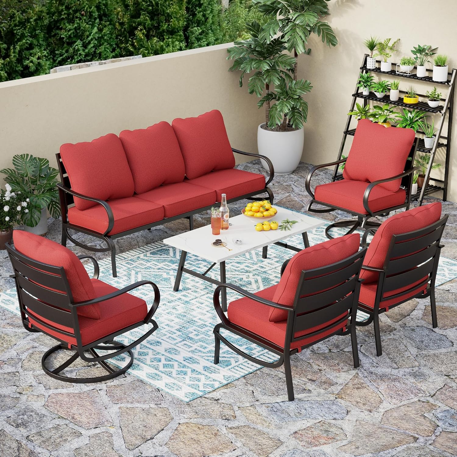 5 PCS Patio Furniture Set, Metal Outdoor Furniture Set with 1 x 3 Seater Deep Seating Bench, 2 x Swivel Sofa Chairs & 2 x Metal Cushioned Ottoman, Outdoor Patio Set for Garden