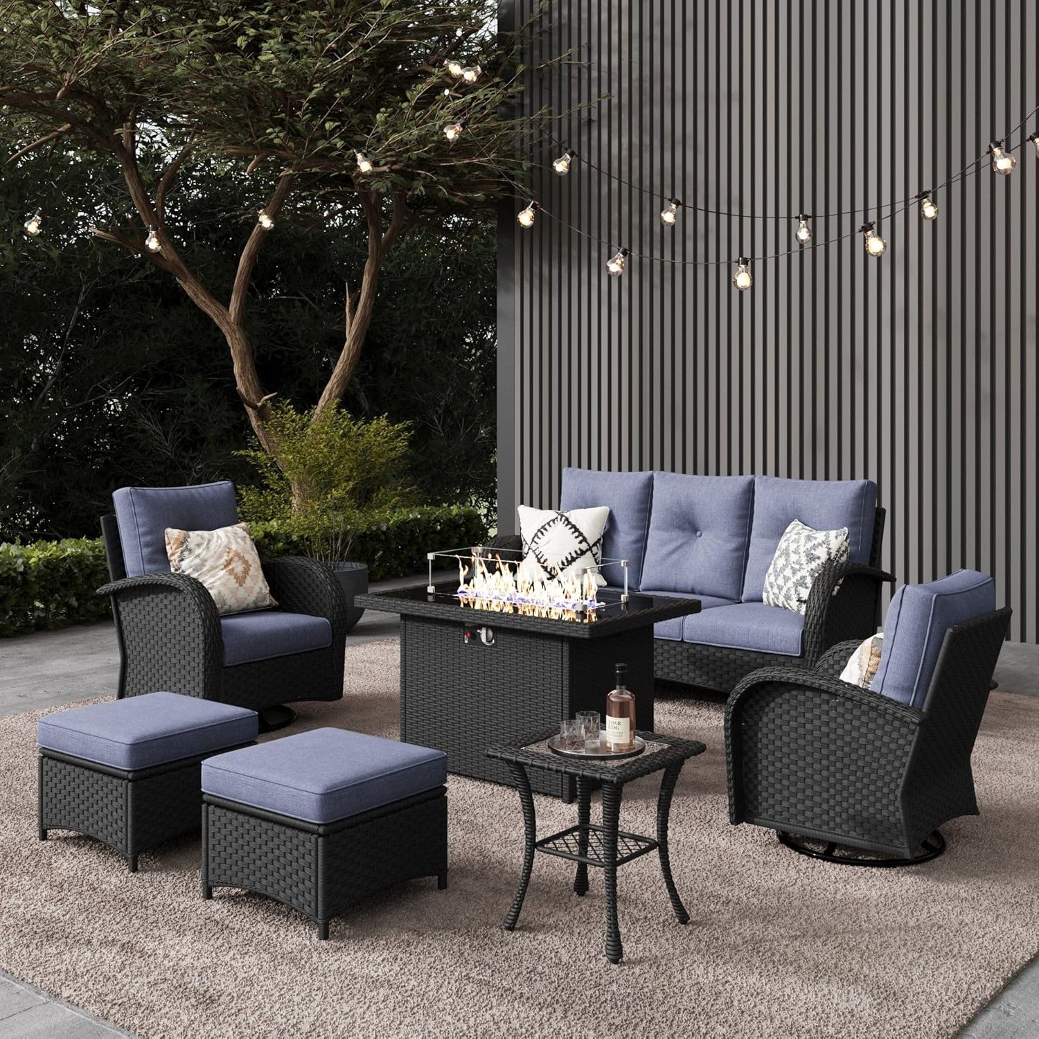 10 Pieces Outdoor Patio Furniture Set with Fire Pit Table, Rattan Wicker Sectional Swivel Rocker Chairs Sets