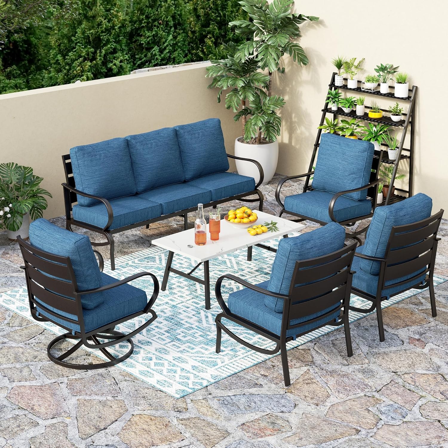 5 PCS Patio Furniture Set, Metal Outdoor Furniture Set with 1 x 3 Seater Deep Seating Bench, 2 x Swivel Sofa Chairs & 2 x Metal Cushioned Ottoman, Outdoor Patio Set for Garden