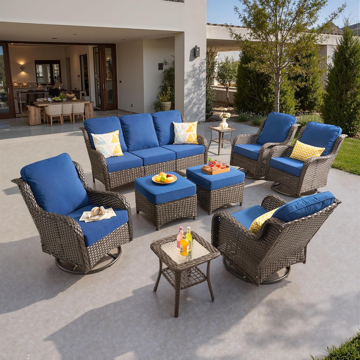 5 Pieces Patio Furniture Set, Outdoor Wicker Sofa Couch with Swivel Chairs Solar Lights Table, High Back Modern All Weather Conversation Sets, Grey Rattan, Denim Blue