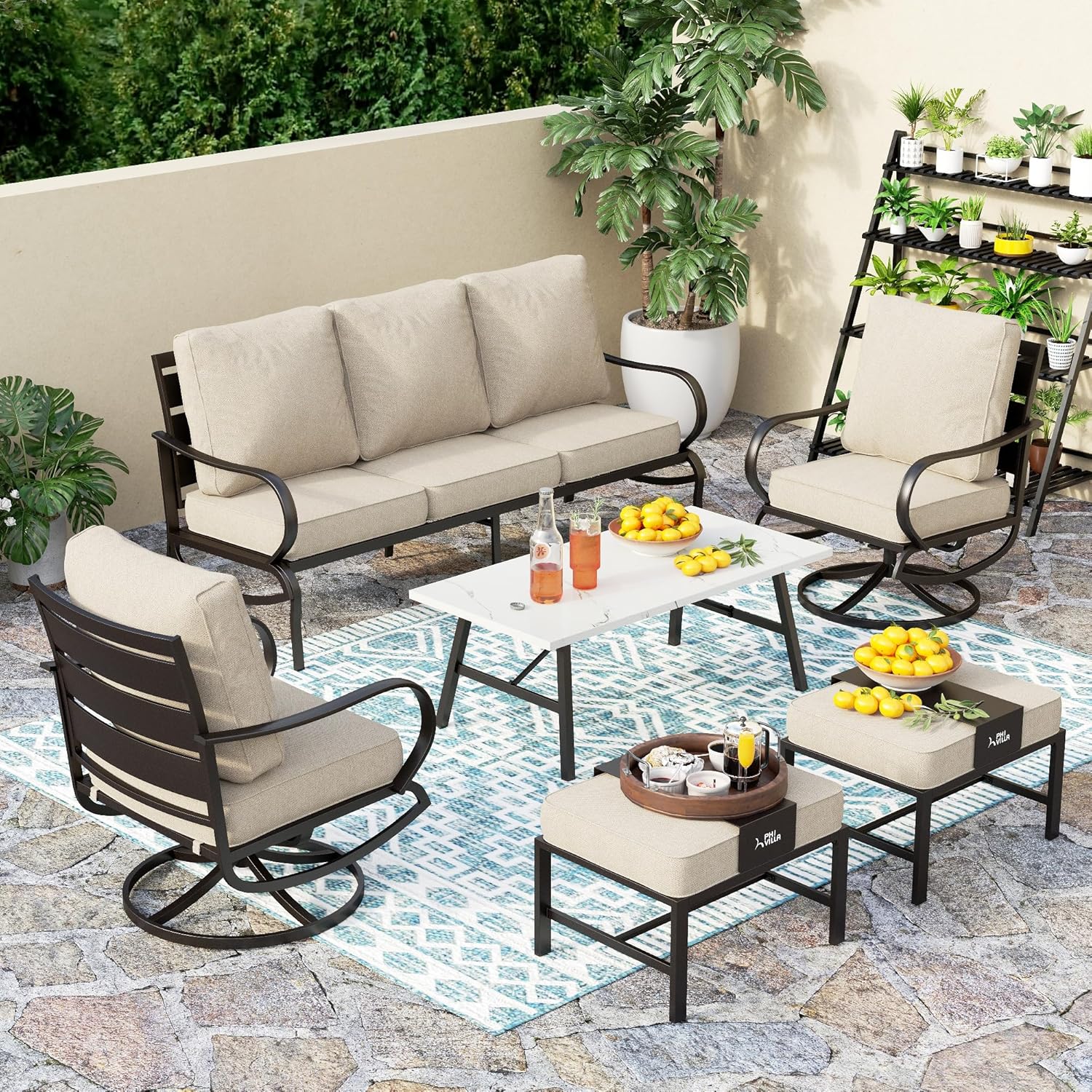 5 PCS Patio Furniture Set, Metal Outdoor Furniture Set with 1 x 3 Seater Deep Seating Bench, 2 x Swivel Sofa Chairs & 2 x Metal Cushioned Ottoman, Outdoor Patio Set for Garden