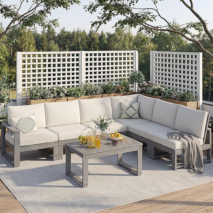 Patio Furniture Set, HDPE Sectional Outdoor Conversation Sets, 7-Piece Outdoor Couch Set with Deep Cushions, All-Weather Patio Sofa Set for Garden, Backyard, Porch, Grey