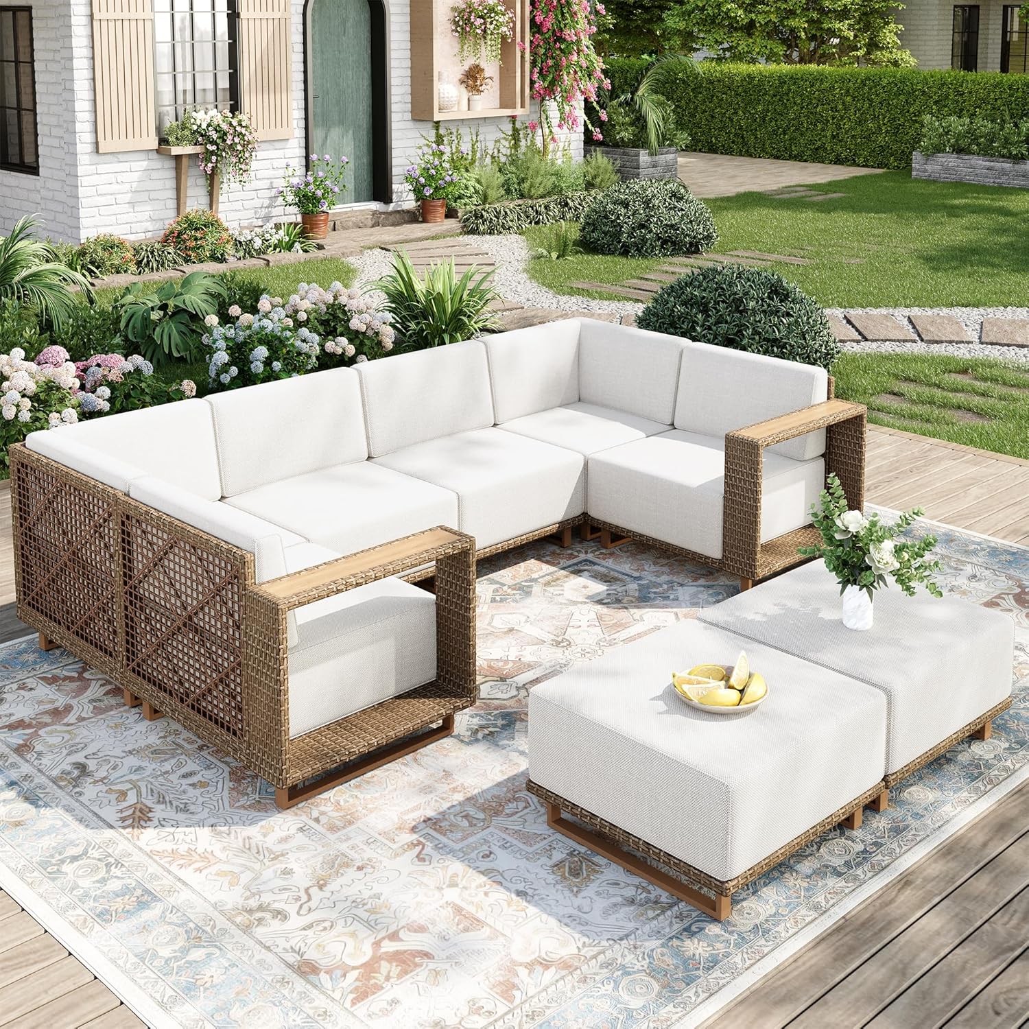 Outdoor Patio Furniture Set, 6 Piece Sectional Rattan Wicker Sofa Couch, Outdoor Conversation Sets with 10" Extra Thick Cushions for Deck Backyard Lawn