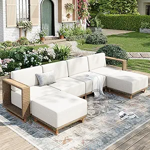 Outdoor Patio Furniture Set, 6 Piece Outdoor Rattan Wicker Sofa Couch Set, Sectional Outdoor Conversation Sets with 10" Extra Thick Cushions for Deck Backyard Lawn