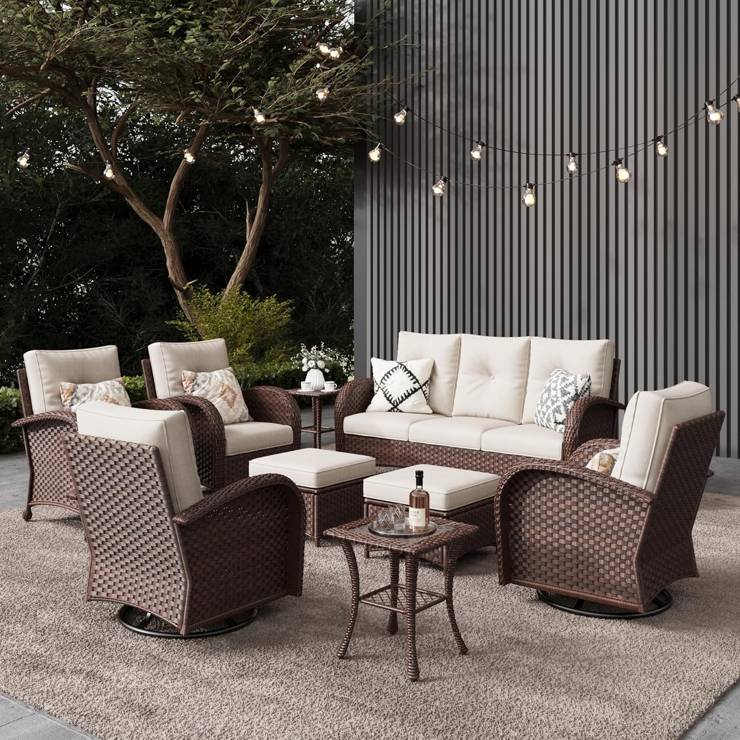 10 Pieces Outdoor Patio Furniture Set with Fire Pit Table, Rattan Wicker Sectional Swivel Rocker Chairs Sets