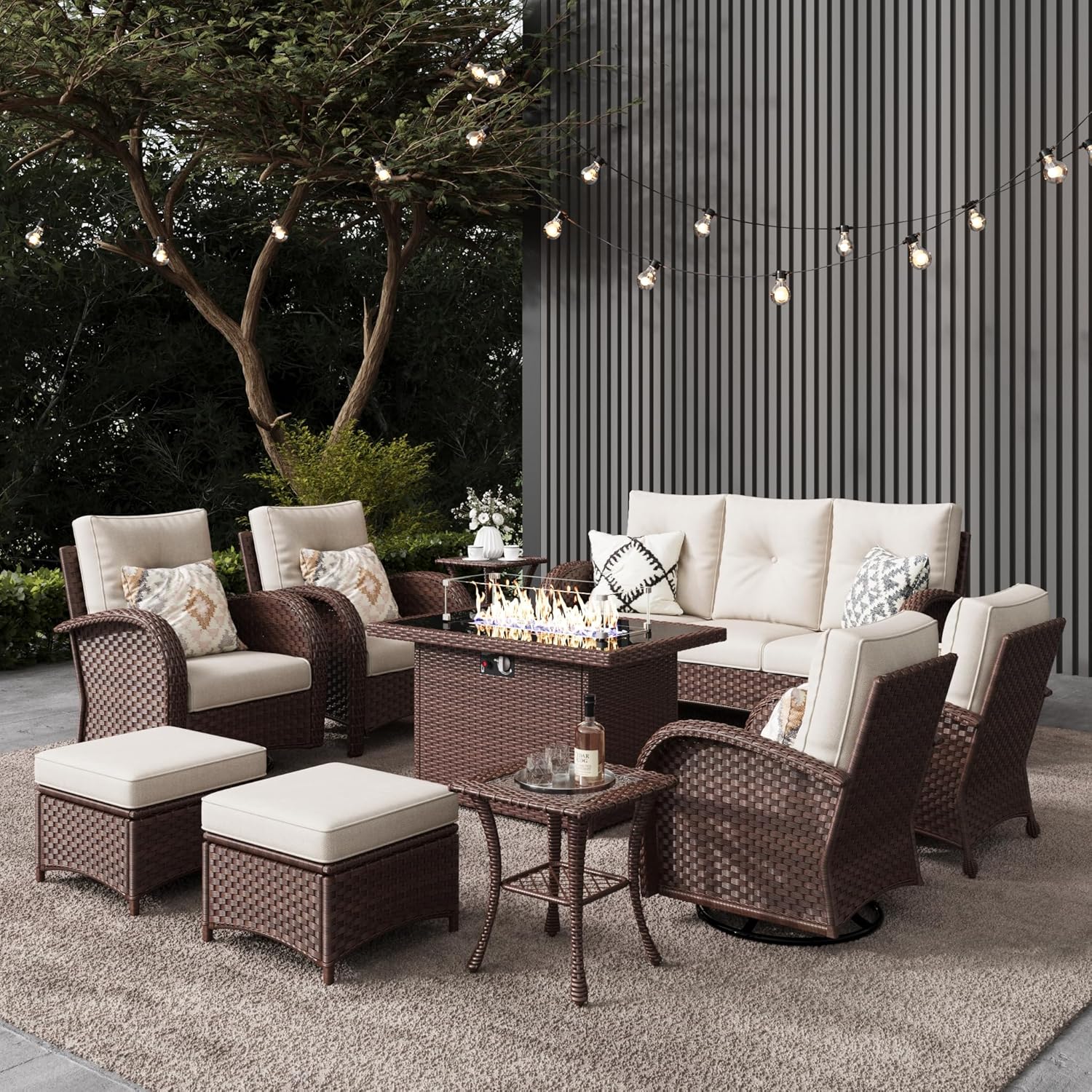 10 Pieces Outdoor Patio Furniture Set with Fire Pit Table, Rattan Wicker Sectional Swivel Rocker Chairs Sets